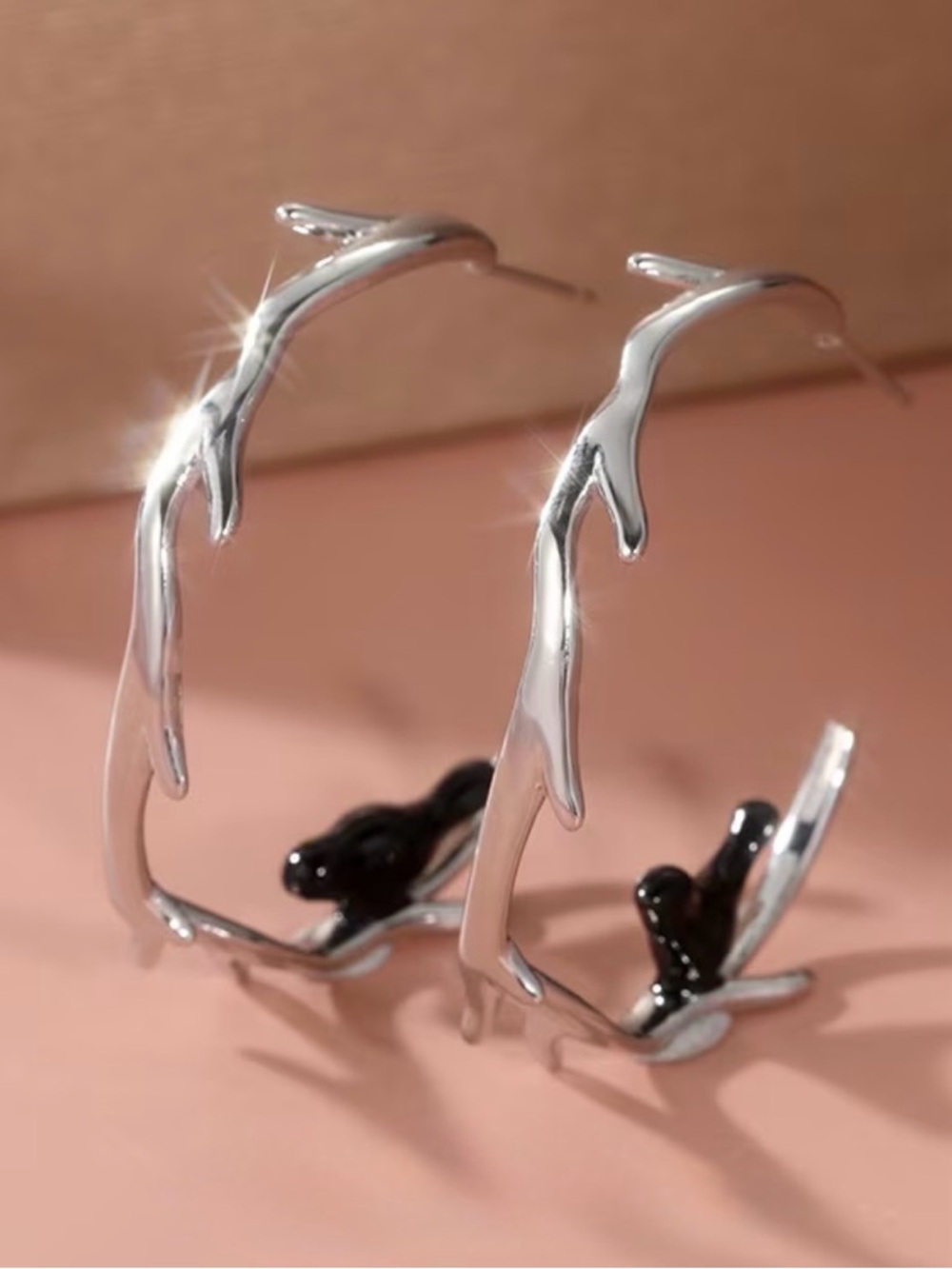 Silver Branch Hoop Earrings with Black Bird Accents